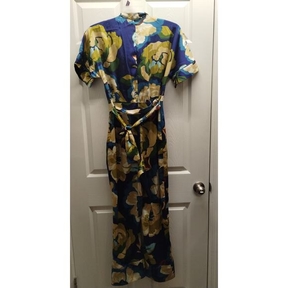 ZARA NWT Size Small Blue & Green Floral Satin Short Sleeve Belted Jumpsuit - Picture 3 of 8